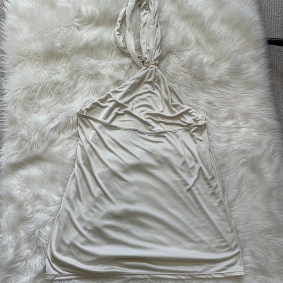 Women's Ivory/Off White/Cream Tie neck Draped fabric Halter Top - Picture 12 of 13